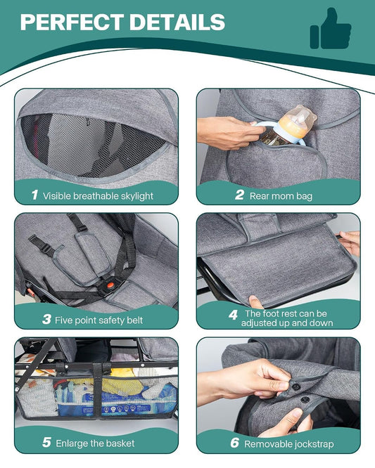 Double Stroller for Infant Toddler, Foldable Double Baby Stroller with Tandem Seating and Adjustable Backrest - Extra Gift Toys/Mosquito Net/Sleeping Mats/ 2 Hooks/ 2 Cotton Pads(Grey) - Baby Organic