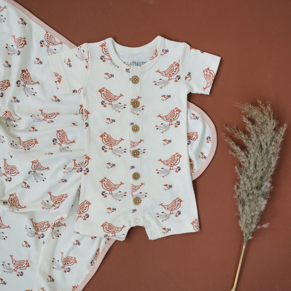 GOTS Certified Organic Cotton Short Sleeve Romper - Celadon Quail - Baby Organic