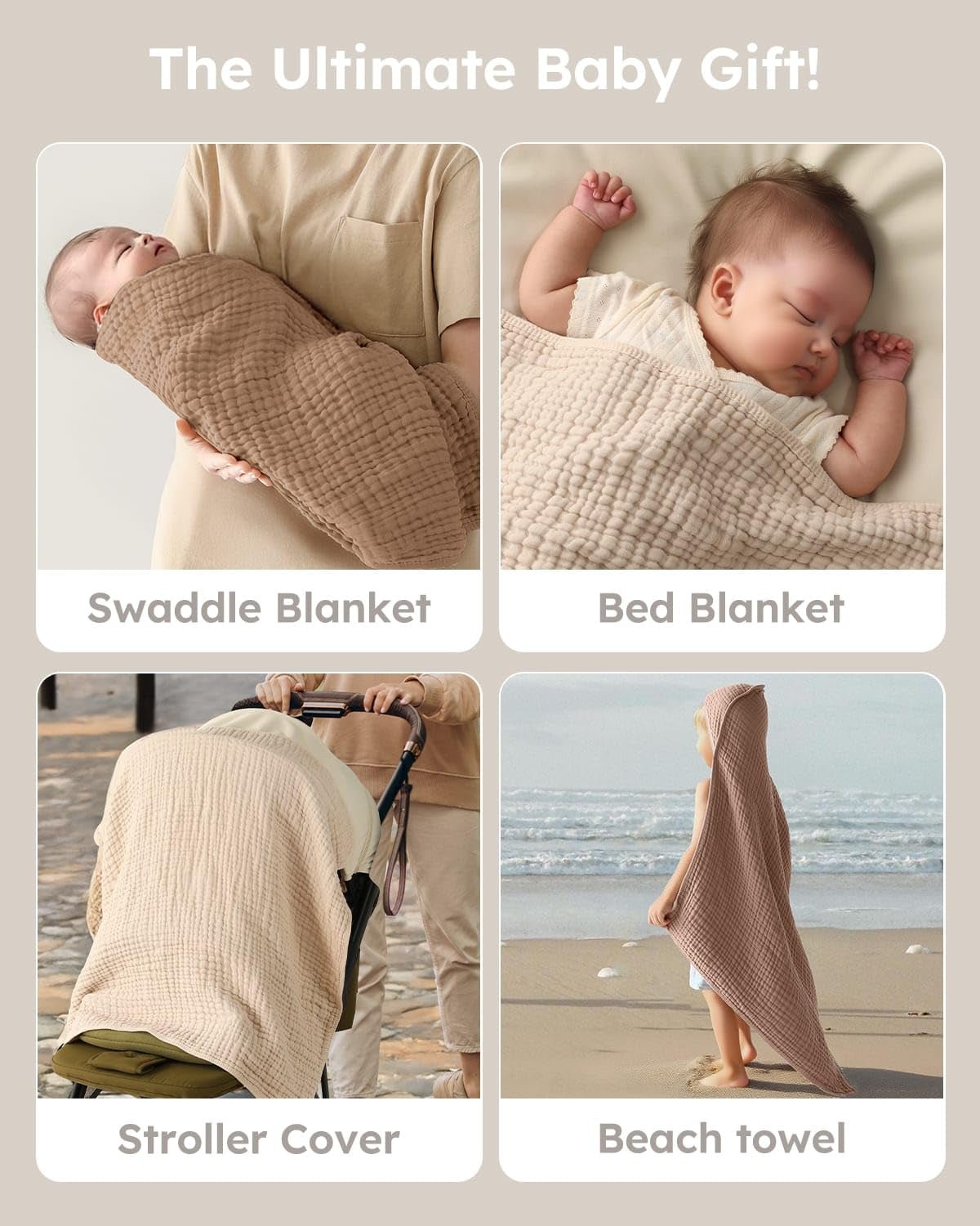 Hooded Baby Towels for Newborn 2 Pack 100% Muslin Organic Cotton Baby Bath Towel with Hood for Babies, Infant, Toddler and Kids, 32X32Inch, Soft and Absorbent Newborn Essential, Beige&Coffee - Baby Organic