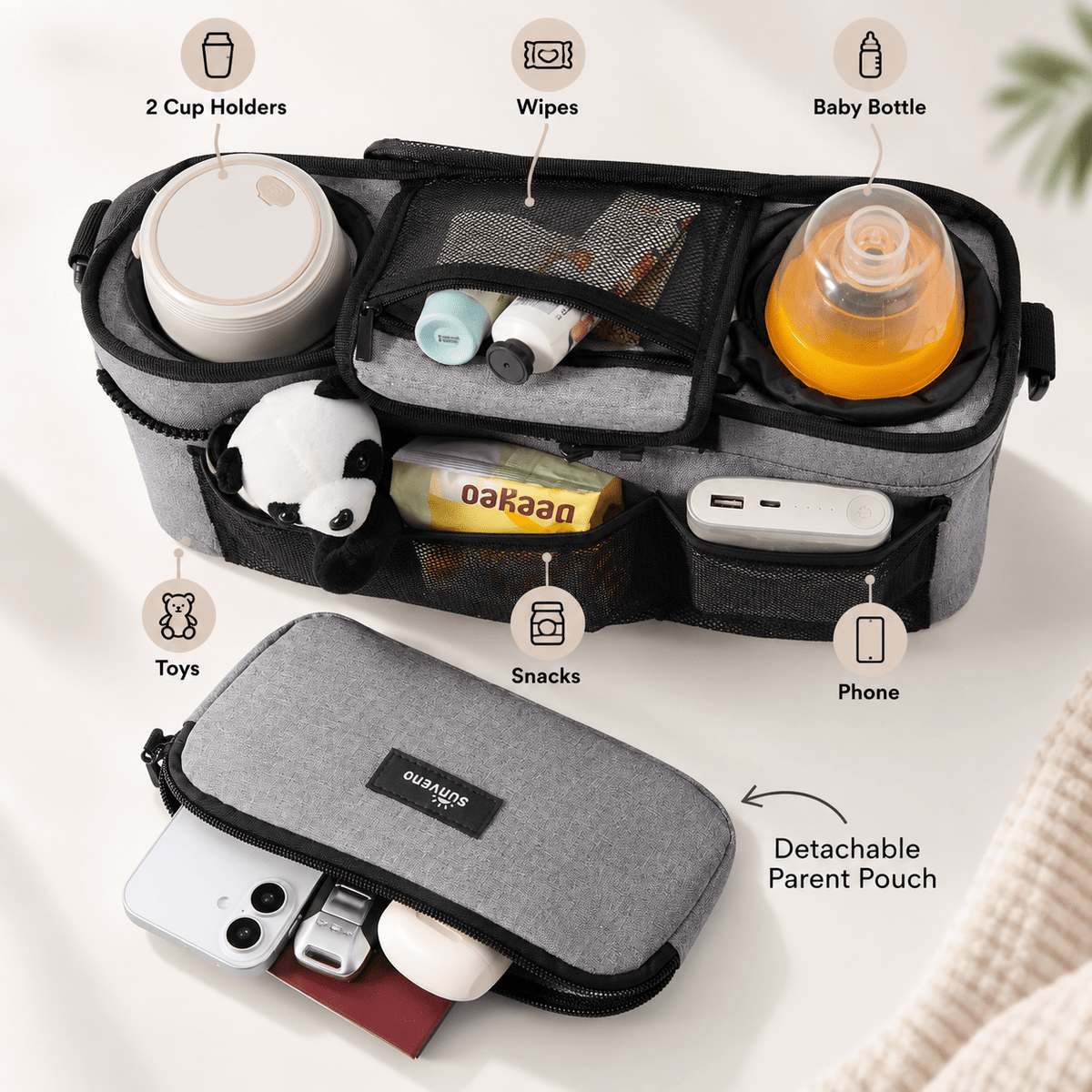 SUNVENO Stroller Organizer Bag with Detachable Parent Pouch, Dual Cup Holders, Adjustable Straps & Removable Shoulder Strap - Baby Organic