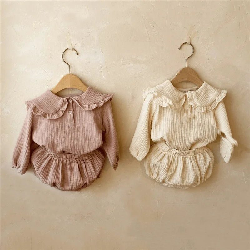 2Pcs Newborn Baby Girls Clothes Organic Cotton Ruffled Collar Lapel Long Sleeve Shirt Top + Bread Pants Korean Casual Clothing - Baby Organic