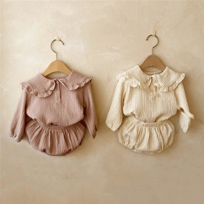 2Pcs Newborn Baby Girls Clothes Organic Cotton Ruffled Collar Lapel Long Sleeve Shirt Top + Bread Pants Korean Casual Clothing - Baby Organic