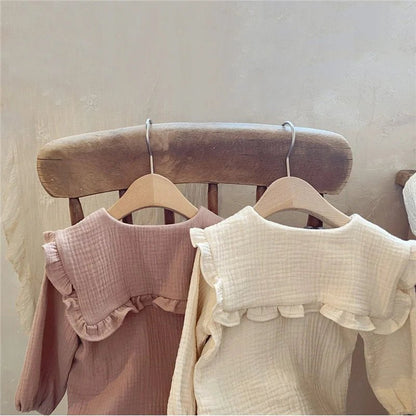 2Pcs Newborn Baby Girls Clothes Organic Cotton Ruffled Collar Lapel Long Sleeve Shirt Top + Bread Pants Korean Casual Clothing - Baby Organic