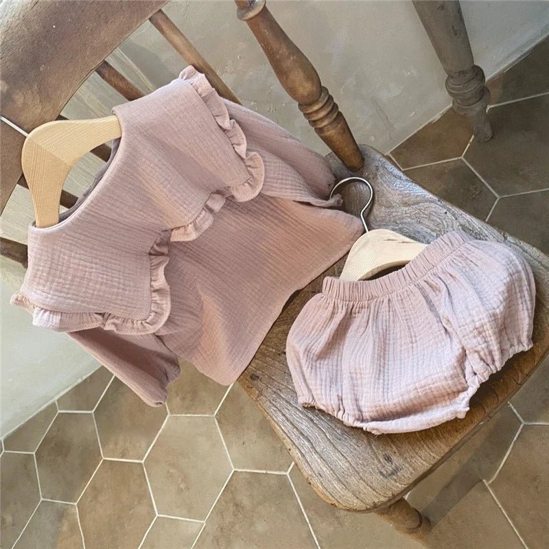 2Pcs Newborn Baby Girls Clothes Organic Cotton Ruffled Collar Lapel Long Sleeve Shirt Top + Bread Pants Korean Casual Clothing - Baby Organic