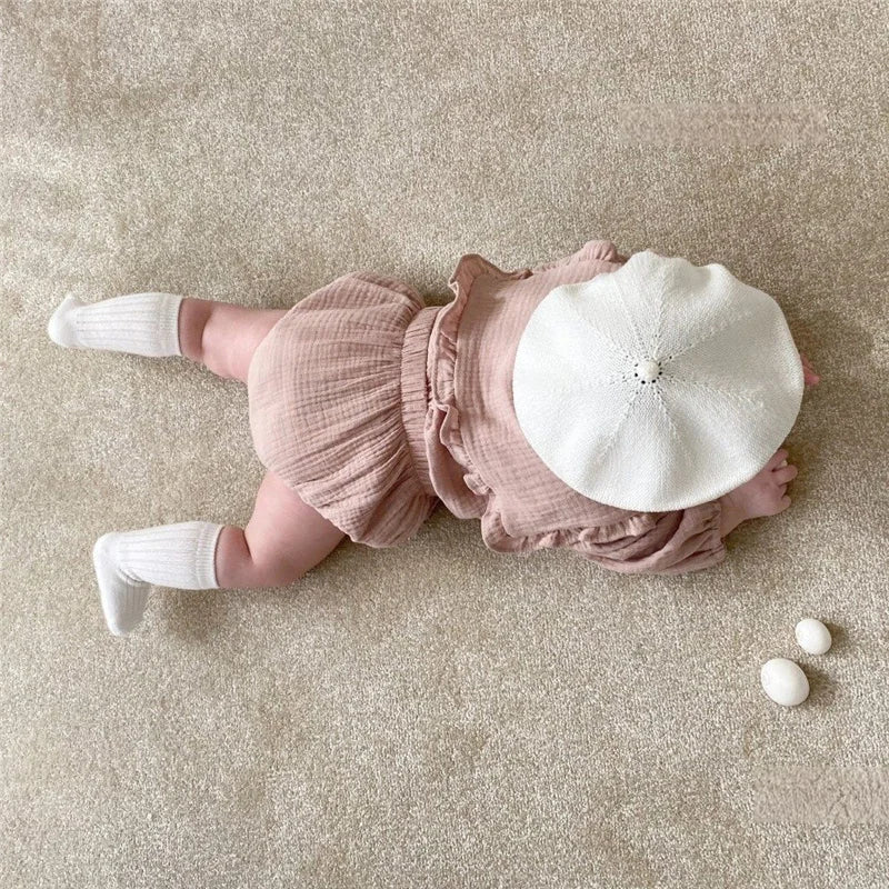 2Pcs Newborn Baby Girls Clothes Organic Cotton Ruffled Collar Lapel Long Sleeve Shirt Top + Bread Pants Korean Casual Clothing - Baby Organic