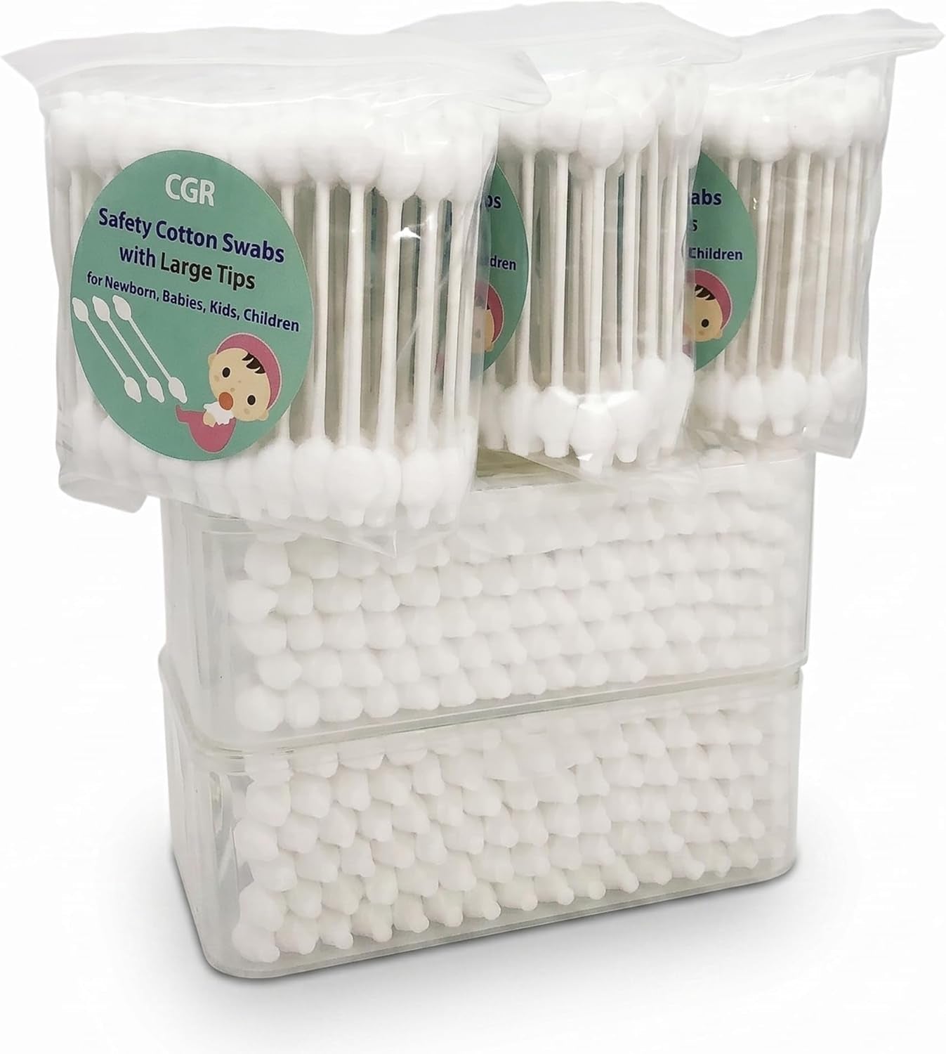 400Pcs Baby Safety Cotton Swabs with Large Tips for Newborn, Babies, Kids, Children, 100% Organic Cotton, White Paper Sticks, 5 Pack of 80 Swabs Total(2 Boxes and 3 Bags) - Baby Organic