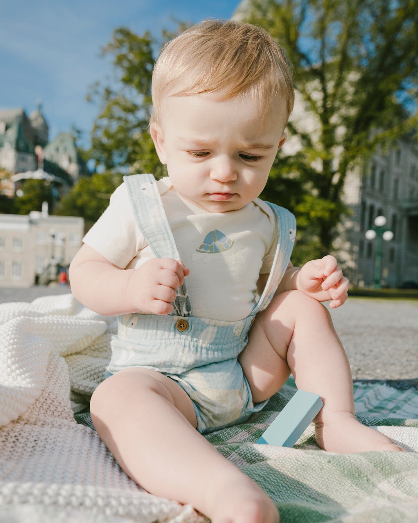 Organic Cotton Jersey Onesie And Muslin Shortall Set White And Blue Turtle Print