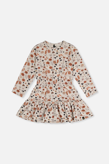Organic Cotton Dress Beige With Squirrel Print