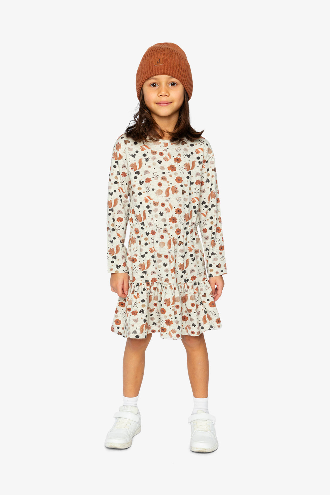 Organic Cotton Dress Beige With Squirrel Print