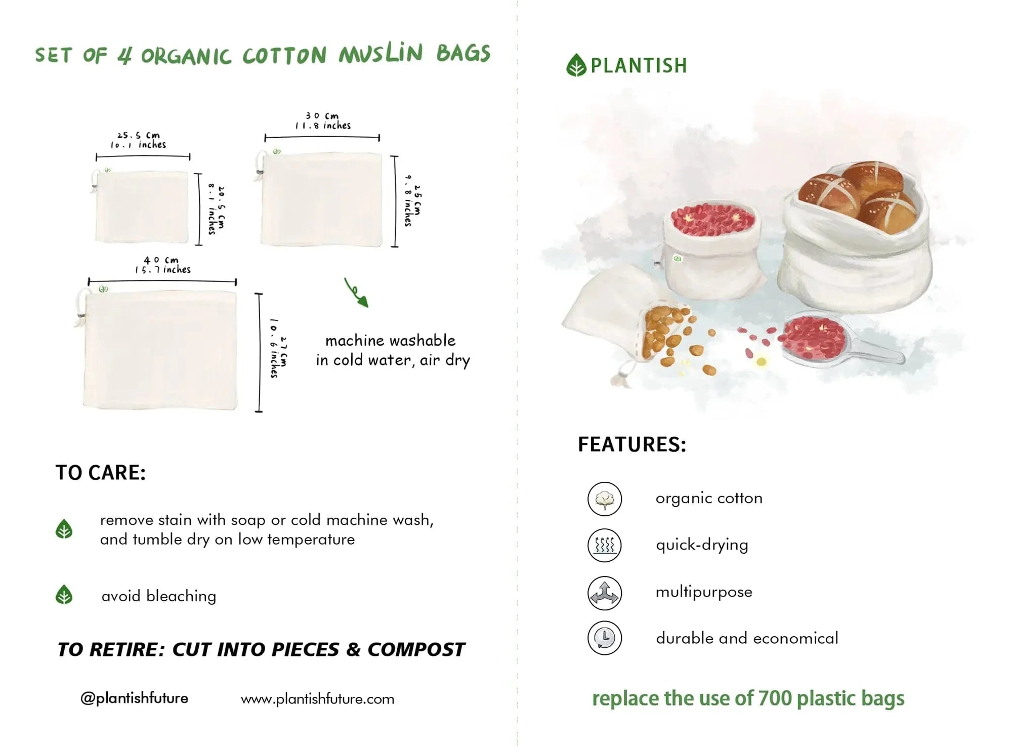 Set of 4 Organic Cotton Muslin Produce Bags