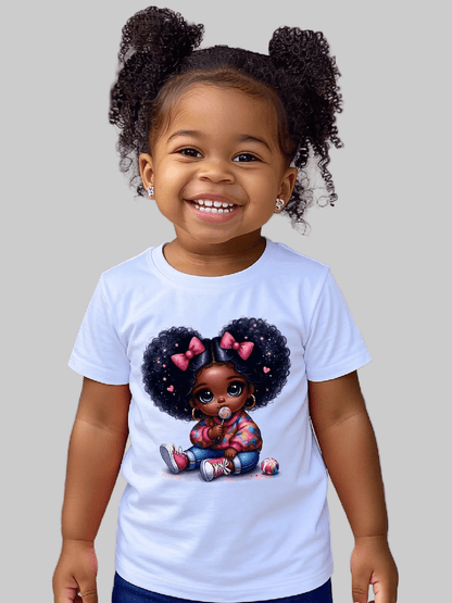 African American Toddler Girls Pink Bows Organic Short Sleeve T-Shirt - Baby Organic