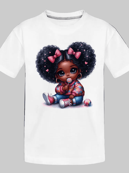 African American Toddler Girls Pink Bows Organic Short Sleeve T-Shirt - Baby Organic