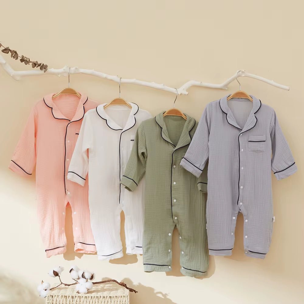 Autumn Baby Sleepwear Organic Cotton Clothes for Boy Girl Newborn Pajama Solid Color Muslin Romper Kids Pajamas Toddler Jumpsuit - Baby Organic