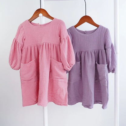 Autumn Spring Children'S Clothes Organic Cotton Double Gauze Loose Pockets Baby Girls Dress Fashion Princess Casual Kids Dresses - Baby Organic