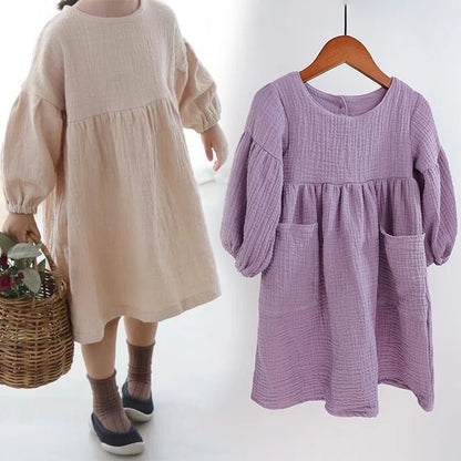Autumn Spring Children'S Clothes Organic Cotton Double Gauze Loose Pockets Baby Girls Dress Fashion Princess Casual Kids Dresses - Baby Organic