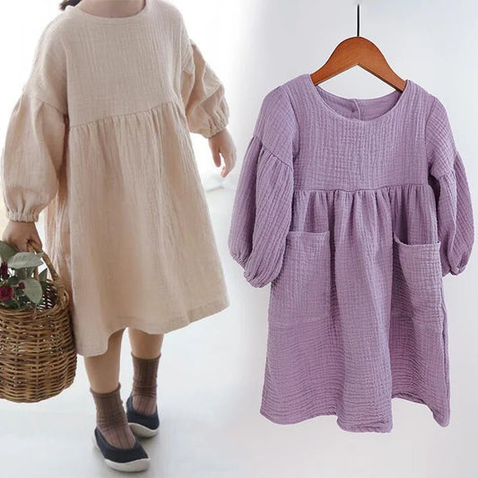 Autumn Spring Children'S Clothes Organic Cotton Double Gauze Loose Pockets Baby Girls Dress Fashion Princess Casual Kids Dresses - Baby Organic