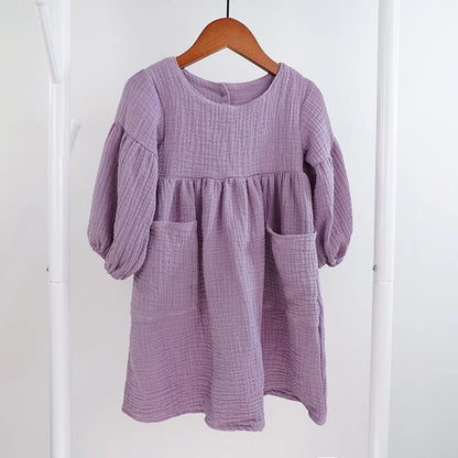 Autumn Spring Children'S Clothes Organic Cotton Double Gauze Loose Pockets Baby Girls Dress Fashion Princess Casual Kids Dresses - Baby Organic