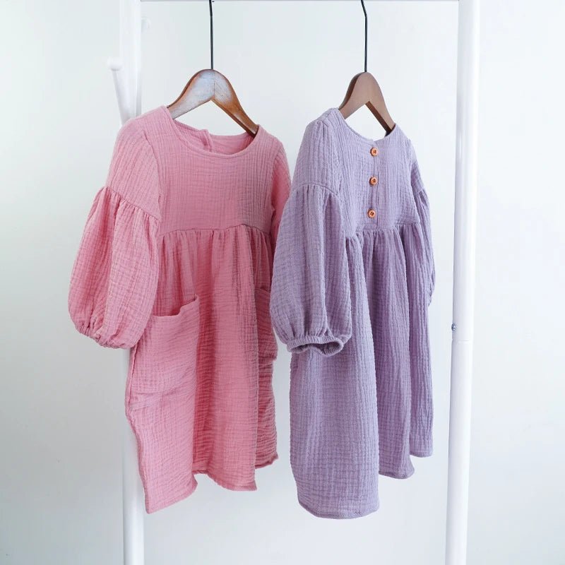Autumn Spring Children'S Clothes Organic Cotton Double Gauze Loose Pockets Baby Girls Dress Fashion Princess Casual Kids Dresses - Baby Organic
