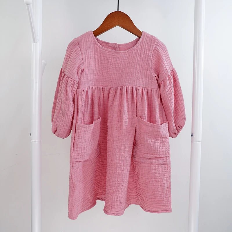 Autumn Spring Children'S Clothes Organic Cotton Double Gauze Loose Pockets Baby Girls Dress Fashion Princess Casual Kids Dresses - Baby Organic