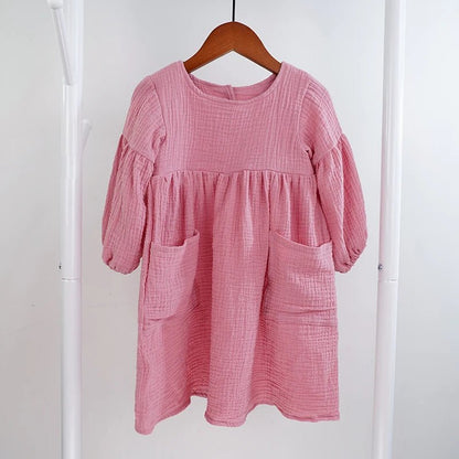 Autumn Spring Children'S Clothes Organic Cotton Double Gauze Loose Pockets Baby Girls Dress Fashion Princess Casual Kids Dresses - Baby Organic