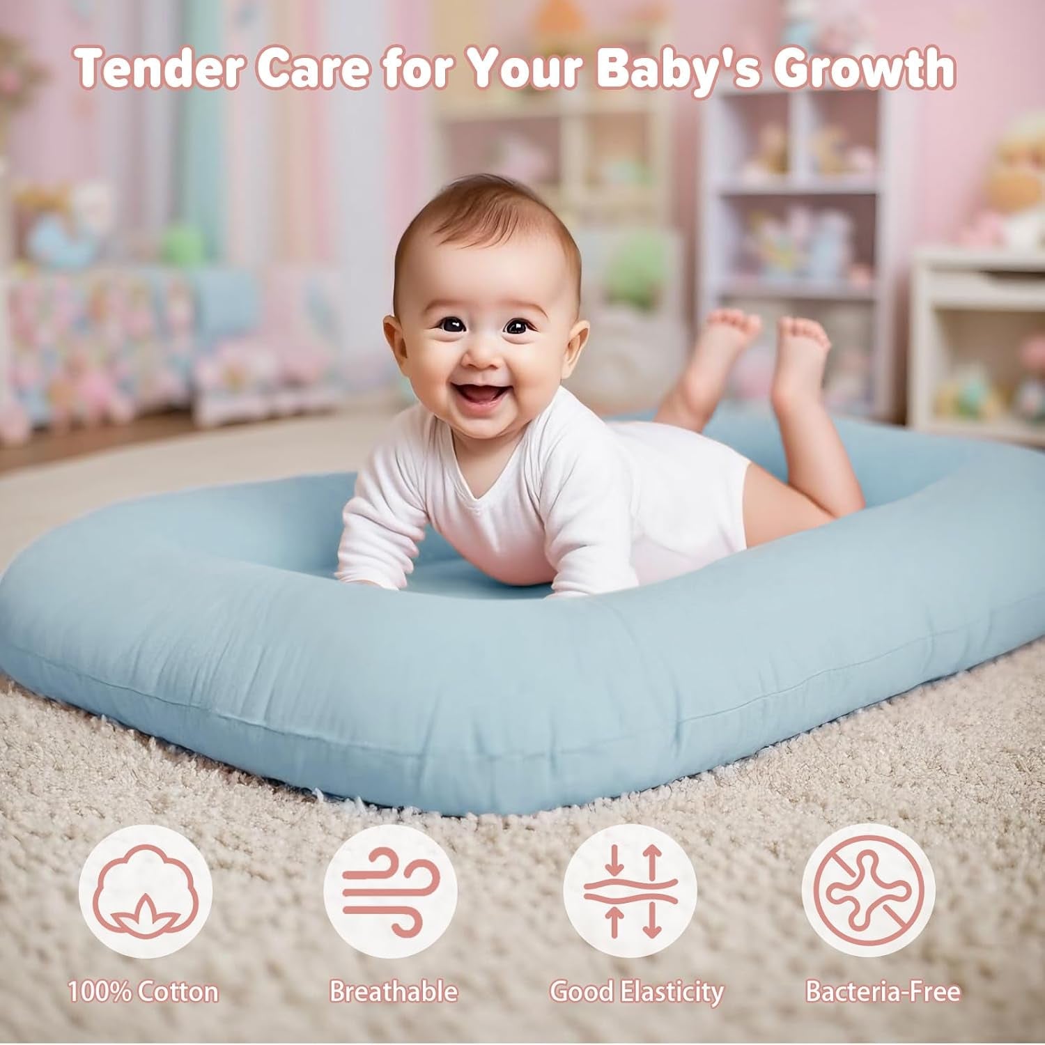 Baby Lounger for Infants Babies 0-24 Months, Bionic Organic Lounger, Soft Cotton Breathable Infant Floor Seats & Loungers for Newborn Baby Shower Gifts (Blue) - Baby Organic