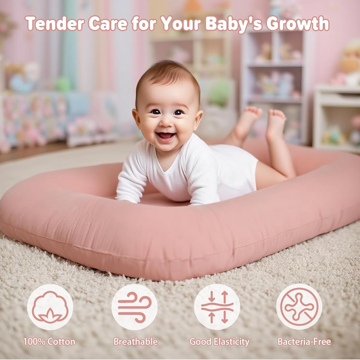 Baby Lounger for Infants Babies 0-24 Months, Bionic Organic Lounger, Soft Cotton Breathable Infant Floor Seats & Loungers for Newborn Baby Shower Gifts (Pink) - Baby Organic
