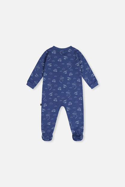 Baby Organic Cotton One Piece Pajama Blue Transport Print - Baby Organic