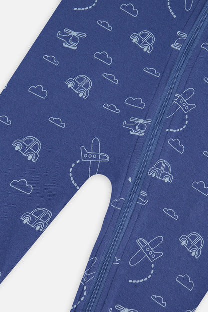 Baby Organic Cotton One Piece Pajama Blue Transport Print - Baby Organic