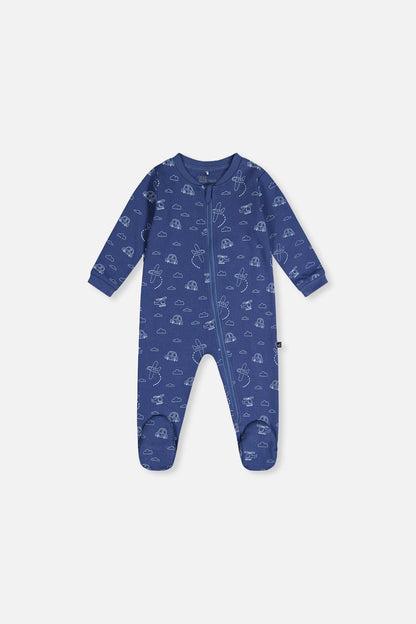 Baby Organic Cotton One Piece Pajama Blue Transport Print - Baby Organic