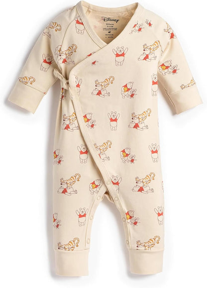 Front view of Organic Baby Kimono Tie One-Piece Bodysuit