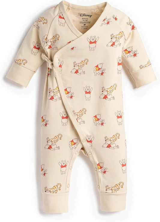 Front view of Organic Baby Kimono Tie One-Piece Bodysuit