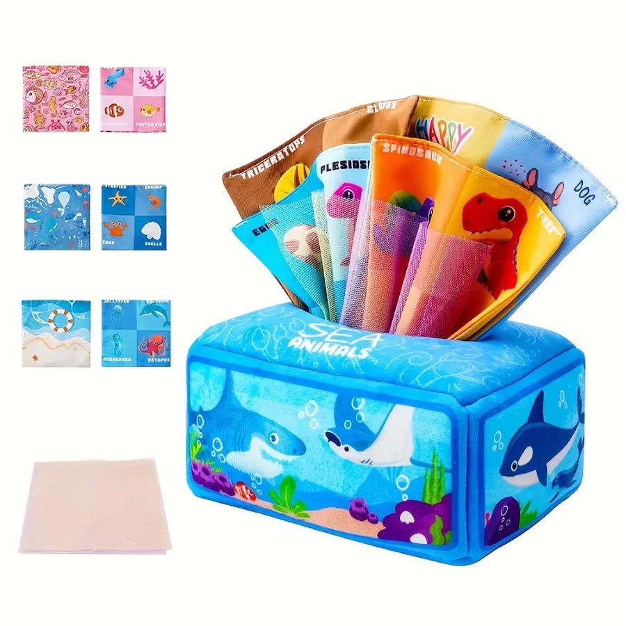 Baby Tissue Box Toy with Sensory Crinkle Paper | Montessori Soft Early Learning Toy for Infant Toddler | Pulling Game 6-18 Month - Baby Organic