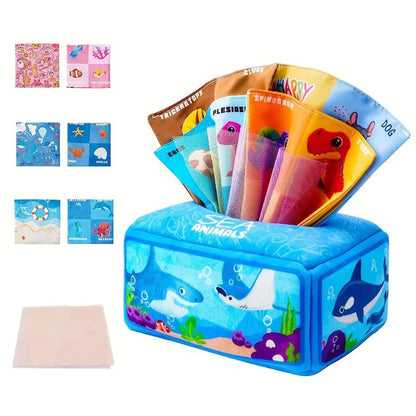 Baby Tissue Box Toy with Sensory Crinkle Paper | Montessori Soft Early Learning Toy for Infant Toddler | Pulling Game 6-18 Month - Baby Organic