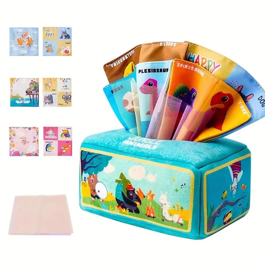 Baby Tissue Box Toy with Sensory Crinkle Paper | Montessori Soft Early Learning Toy for Infant Toddler | Pulling Game 6-18 Month - Baby Organic