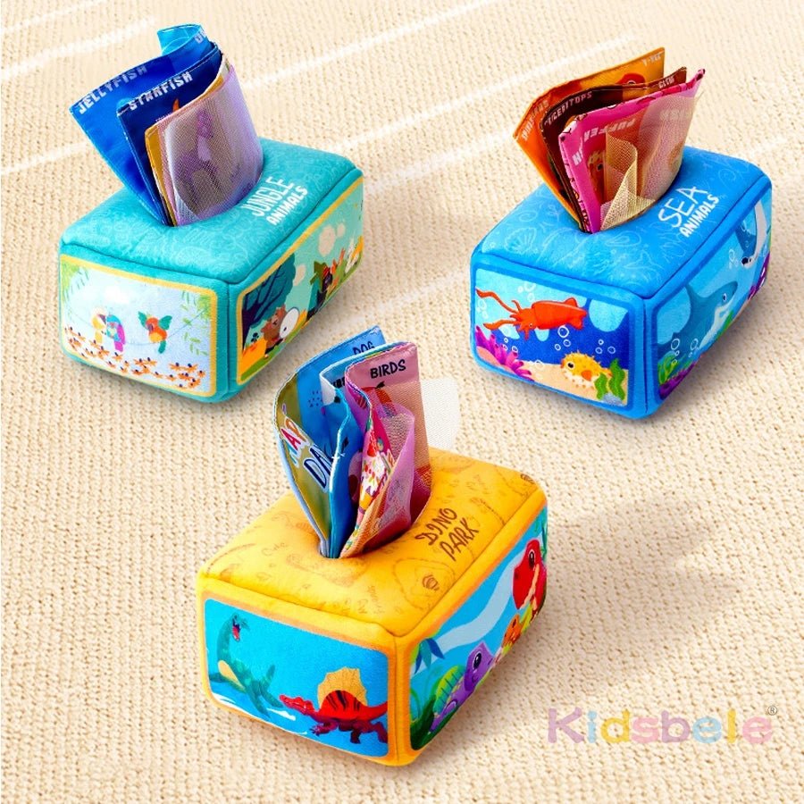 Baby Tissue Box Toy with Sensory Crinkle Paper | Montessori Soft Early Learning Toy for Infant Toddler | Pulling Game 6-18 Month - Baby Organic