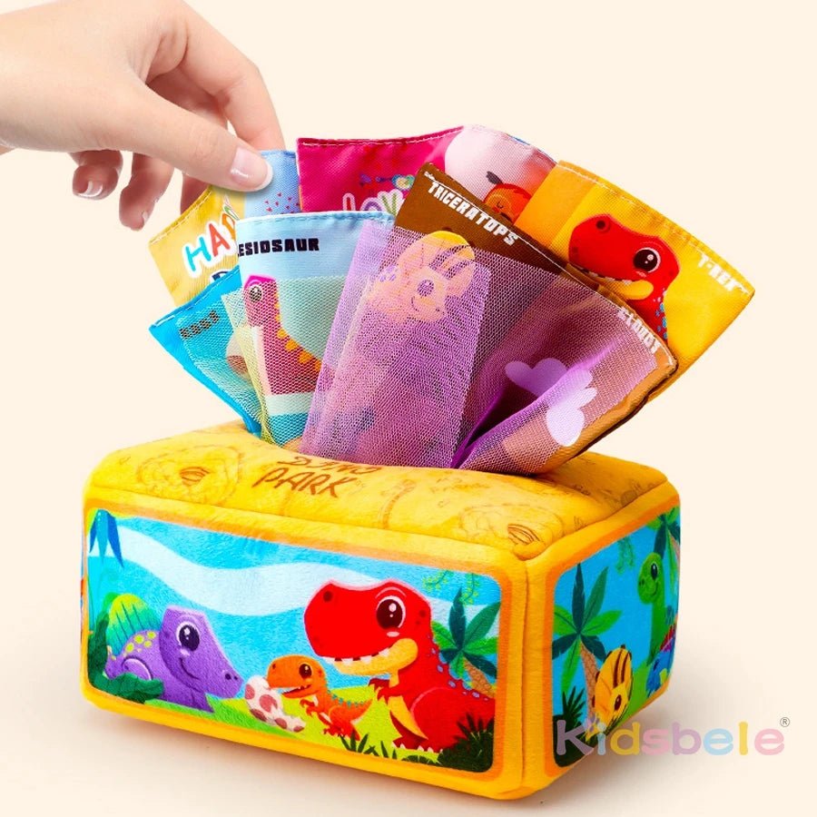 Baby Tissue Box Toy with Sensory Crinkle Paper | Montessori Soft Early Learning Toy for Infant Toddler | Pulling Game 6-18 Month - Baby Organic