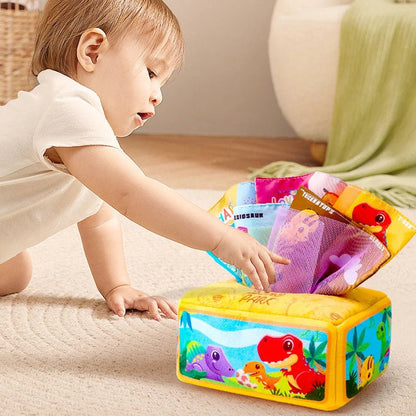 Baby Tissue Box Toy with Sensory Crinkle Paper | Montessori Soft Early Learning Toy for Infant Toddler | Pulling Game 6-18 Month - Baby Organic