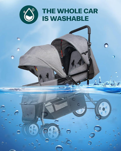 Double Stroller for Infant Toddler, Foldable Double Baby Stroller with Tandem Seating and Adjustable Backrest - Extra Gift Toys/Mosquito Net/Sleeping Mats/ 2 Hooks/ 2 Cotton Pads（Grey） - Baby Organic