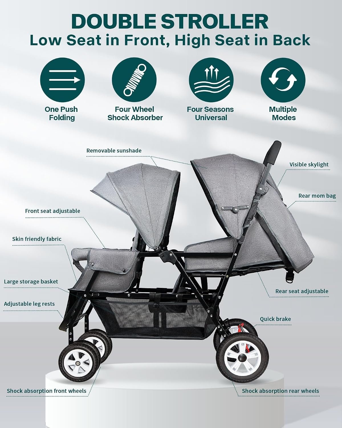 Double Stroller for Infant Toddler, Foldable Double Baby Stroller with Tandem Seating and Adjustable Backrest - Extra Gift Toys/Mosquito Net/Sleeping Mats/ 2 Hooks/ 2 Cotton Pads（Grey） - Baby Organic