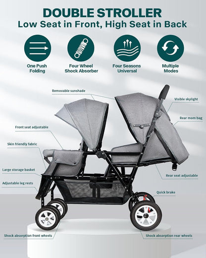 Double Stroller for Infant Toddler, Foldable Double Baby Stroller with Tandem Seating and Adjustable Backrest - Extra Gift Toys/Mosquito Net/Sleeping Mats/ 2 Hooks/ 2 Cotton Pads（Grey） - Baby Organic