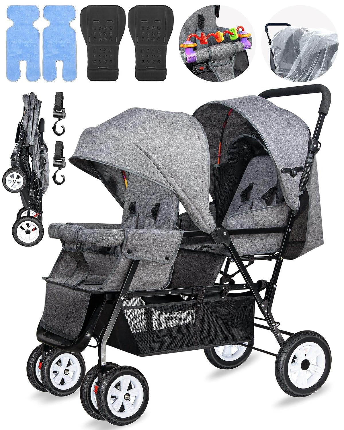 Double Stroller for Infant Toddler, Foldable Double Baby Stroller with Tandem Seating and Adjustable Backrest - Extra Gift Toys/Mosquito Net/Sleeping Mats/ 2 Hooks/ 2 Cotton Pads（Grey） - Baby Organic