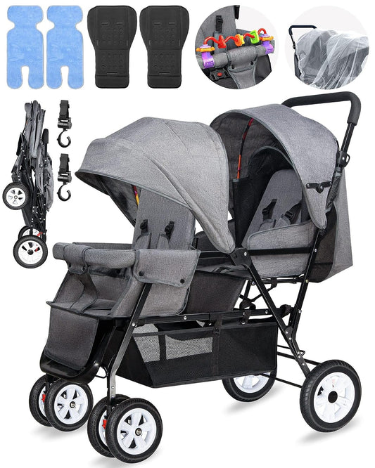 Double Stroller for Infant Toddler, Foldable Double Baby Stroller with Tandem Seating and Adjustable Backrest - Extra Gift Toys/Mosquito Net/Sleeping Mats/ 2 Hooks/ 2 Cotton Pads（Grey） - Baby Organic