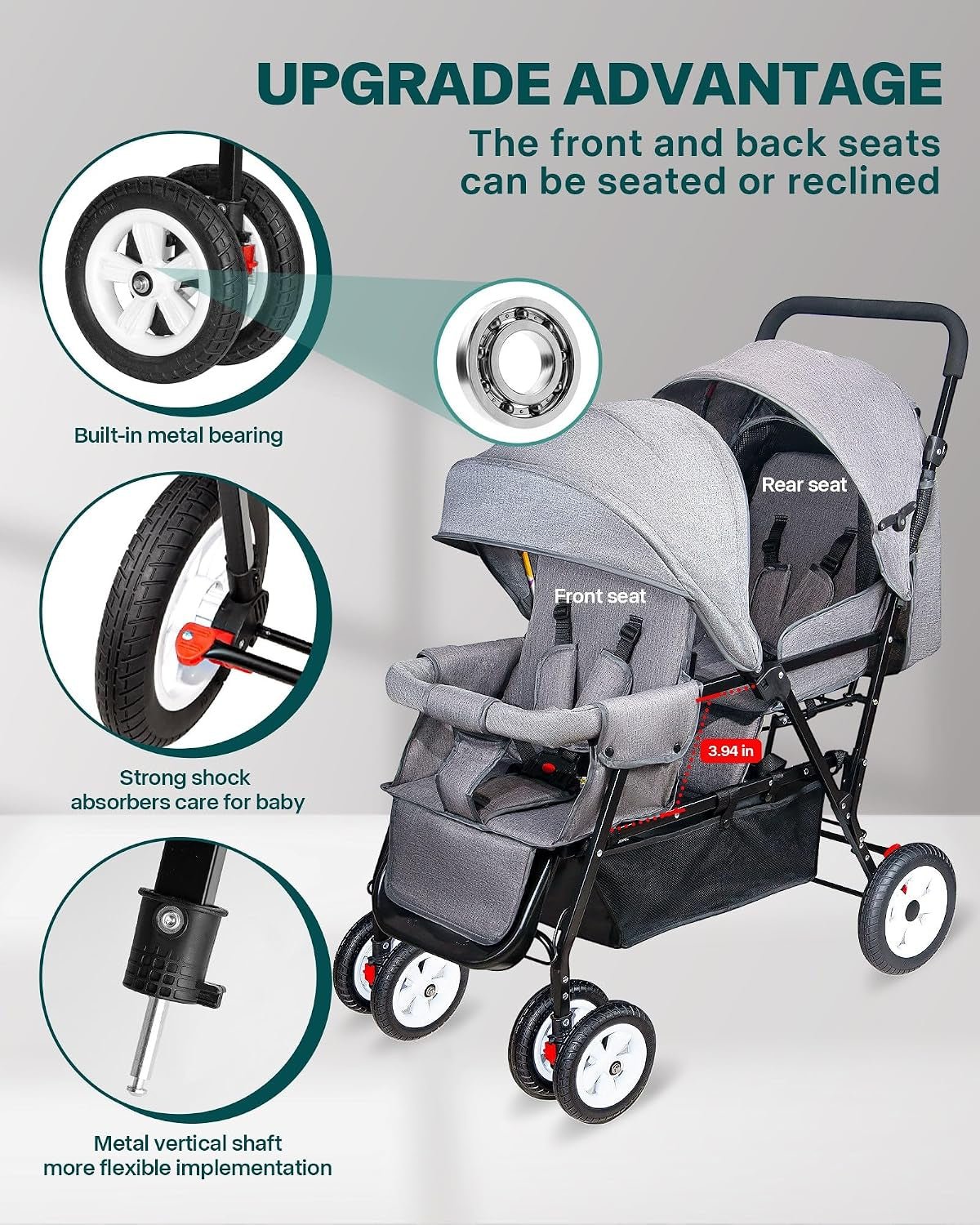 Double Stroller for Infant Toddler, Foldable Double Baby Stroller with Tandem Seating and Adjustable Backrest - Extra Gift Toys/Mosquito Net/Sleeping Mats/ 2 Hooks/ 2 Cotton Pads（Grey） - Baby Organic