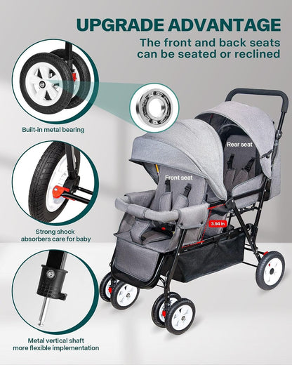 Double Stroller for Infant Toddler, Foldable Double Baby Stroller with Tandem Seating and Adjustable Backrest - Extra Gift Toys/Mosquito Net/Sleeping Mats/ 2 Hooks/ 2 Cotton Pads（Grey） - Baby Organic
