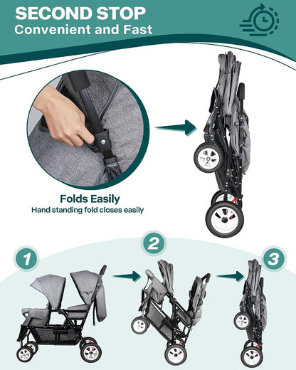 Double Stroller for Infant Toddler, Foldable Double Baby Stroller with Tandem Seating and Adjustable Backrest - Extra Gift Toys/Mosquito Net/Sleeping Mats/ 2 Hooks/ 2 Cotton Pads（Grey） - Baby Organic