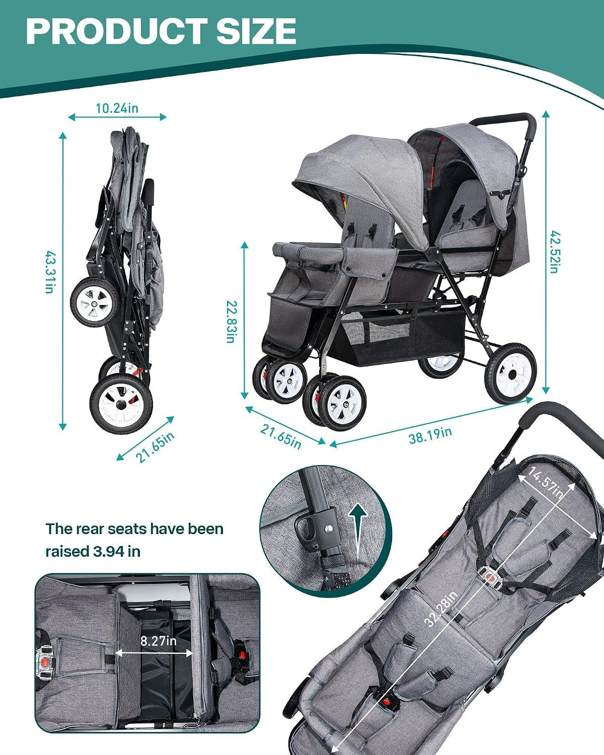 Double Stroller for Infant Toddler, Foldable Double Baby Stroller with Tandem Seating and Adjustable Backrest - Extra Gift Toys/Mosquito Net/Sleeping Mats/ 2 Hooks/ 2 Cotton Pads（Grey） - Baby Organic