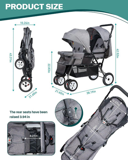 Double Stroller for Infant Toddler, Foldable Double Baby Stroller with Tandem Seating and Adjustable Backrest - Extra Gift Toys/Mosquito Net/Sleeping Mats/ 2 Hooks/ 2 Cotton Pads（Grey） - Baby Organic