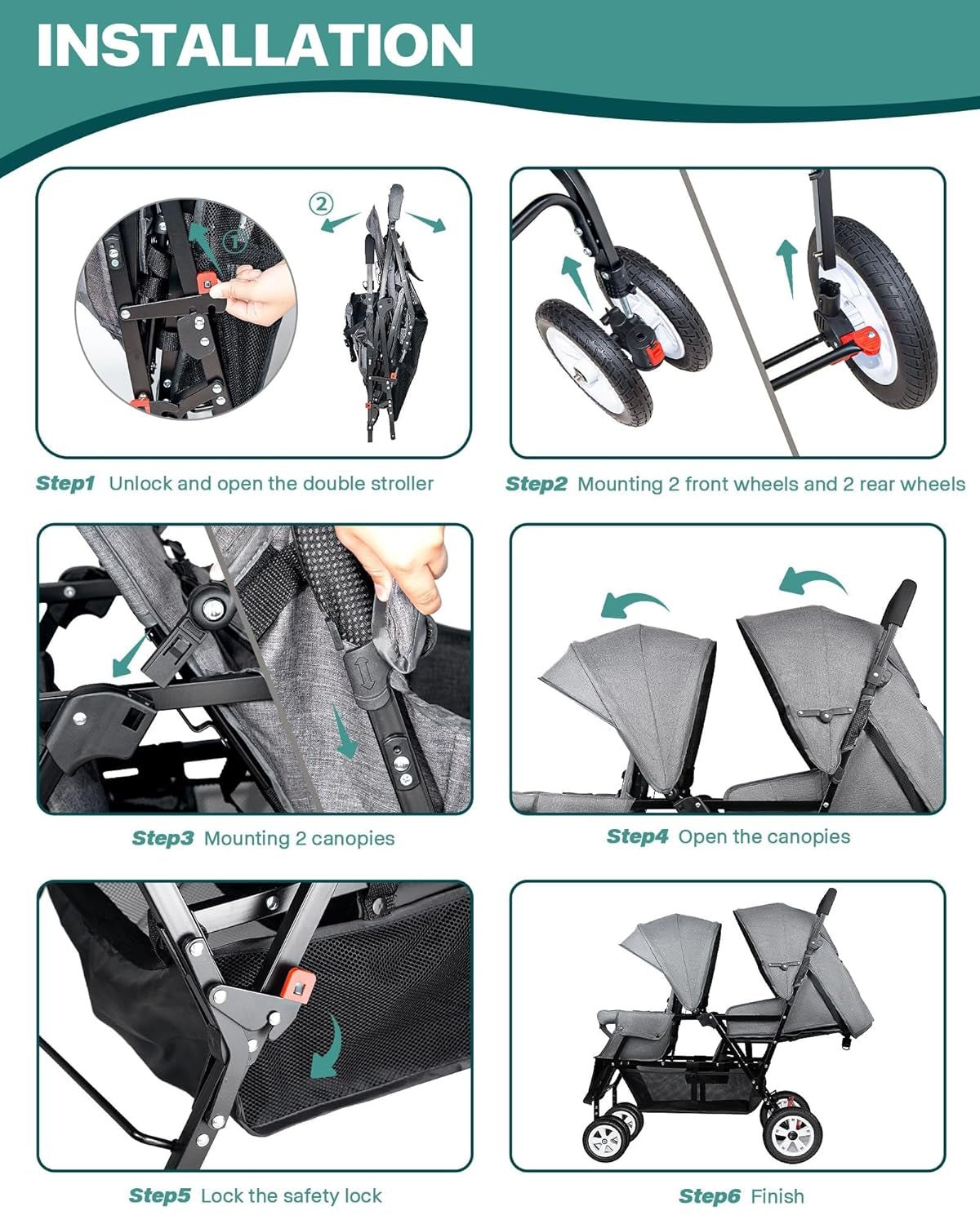 Double Stroller for Infant Toddler, Foldable Double Baby Stroller with Tandem Seating and Adjustable Backrest - Extra Gift Toys/Mosquito Net/Sleeping Mats/ 2 Hooks/ 2 Cotton Pads（Grey） - Baby Organic