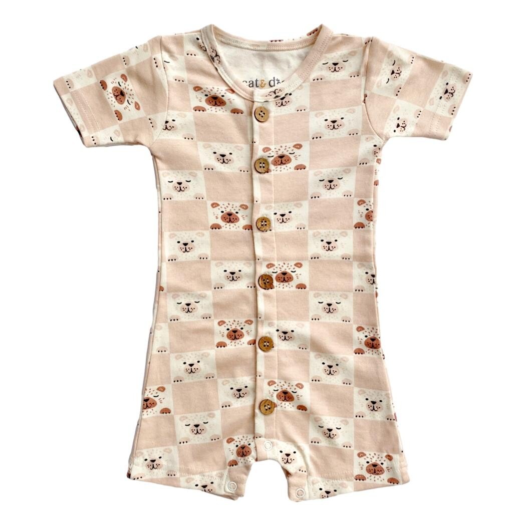 GOTS Certified Organic Cotton Short Sleeve Romper - Checkered Bear - Baby Organic