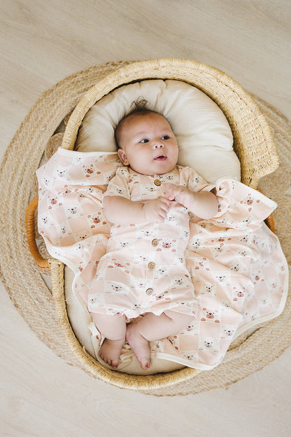 GOTS Certified Organic Cotton Short Sleeve Romper - Checkered Bear - Baby Organic